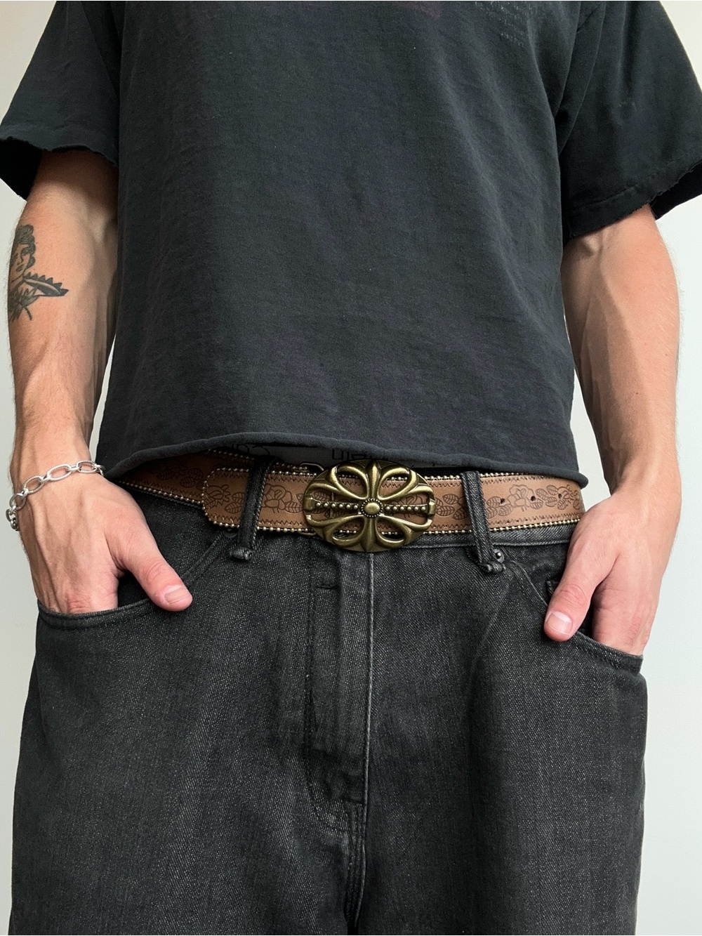 Brown Leather Women's Belt with Decorative Floral Buckle